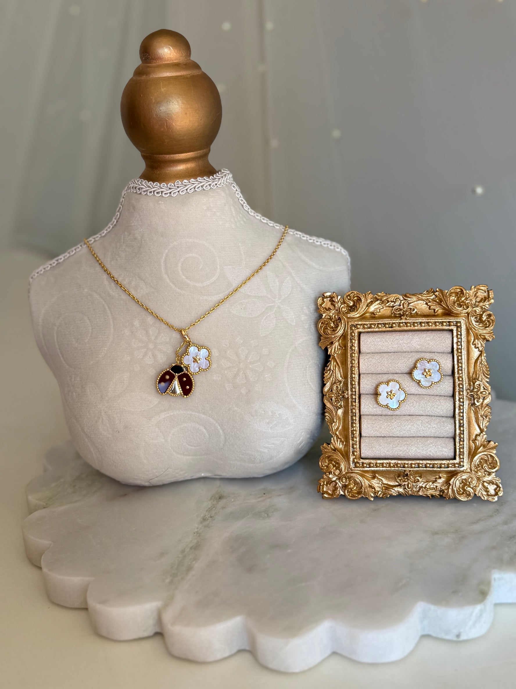 VK Style White Flower Lady Bug Earrings